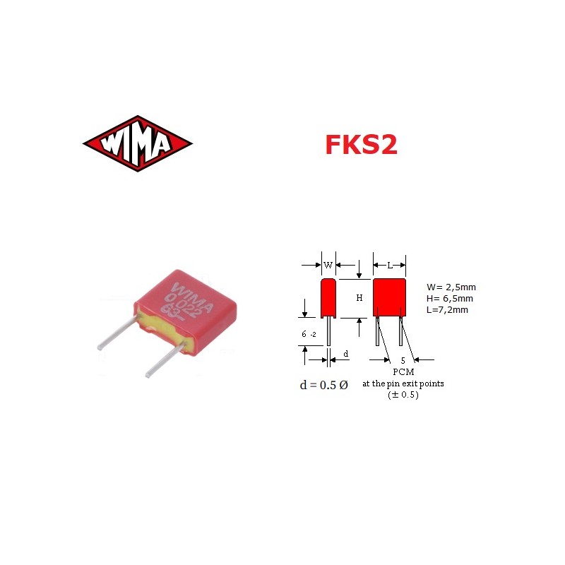 Wima FKS2 0,0033uF/100V, condensatore in poliestere p: 5, (332)