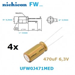 4x Nichicon FW 470uF 6,3V, condensatore elettrolitico, UFW0J471MED