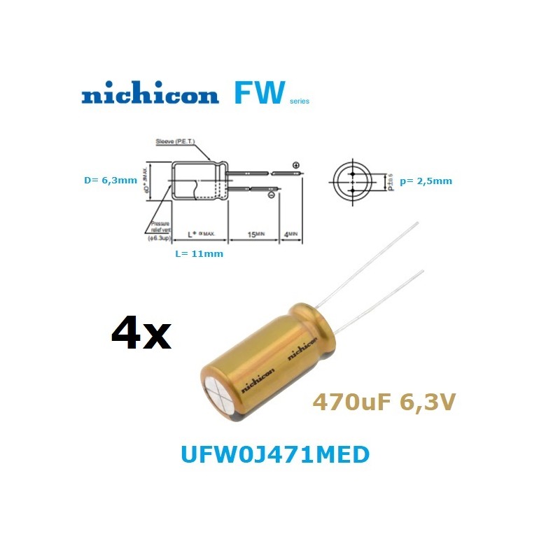 4x Nichicon FW 470uF 6,3V, condensatore elettrolitico, UFW0J471MED