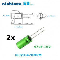 2x Nichicon Muse ES 47uF 16V, condensatore elettrolitico bipolare, UES1C470MPM
