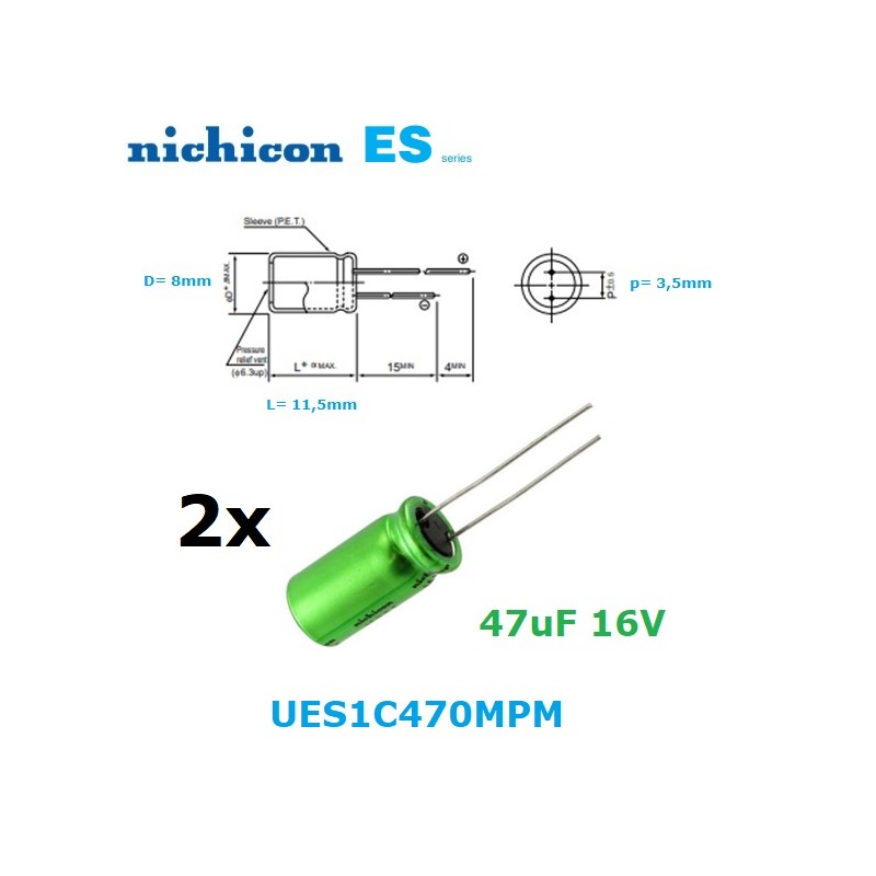 2x Nichicon Muse ES 47uF 16V, condensatore elettrolitico bipolare, UES1C470MPM