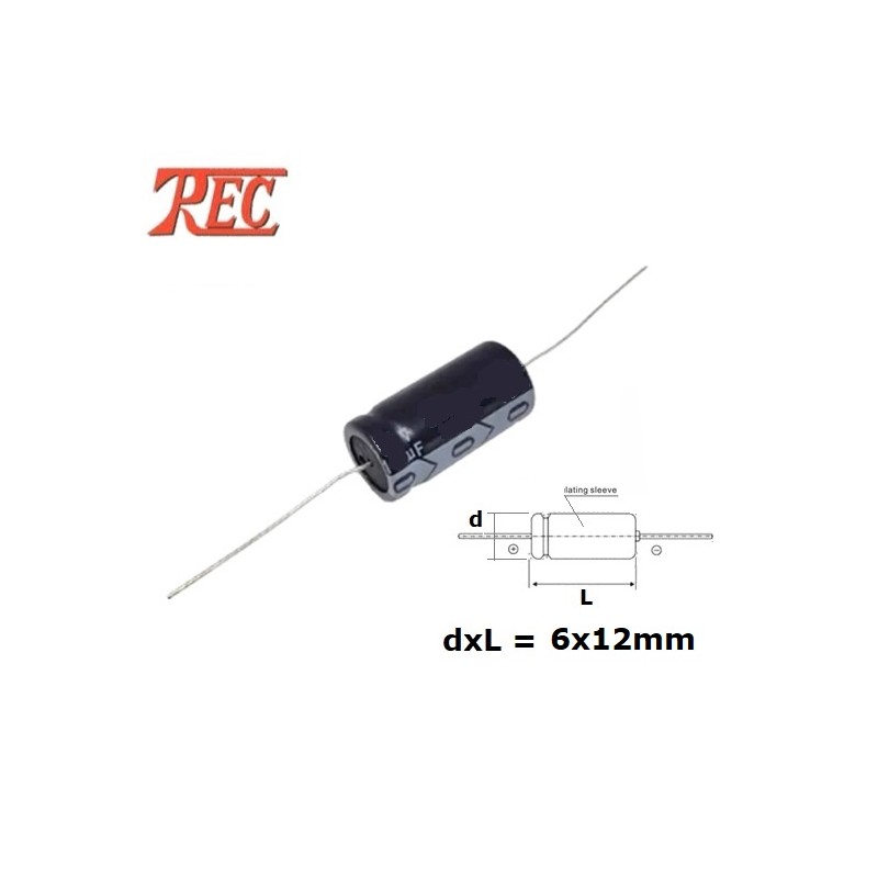 Trec 10uF/63V condensatore elettrolitico assiale (sleeve NERA), DxL 6x13mm