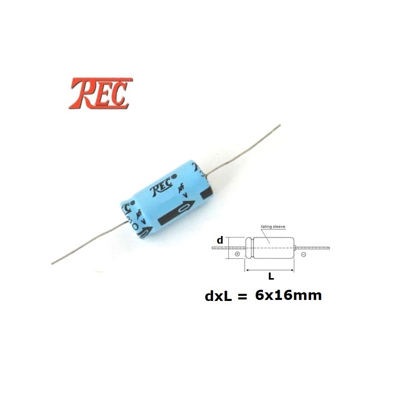 Trec 22uF/63V condensatore elettrolitico assiale, DxL 6x16mm