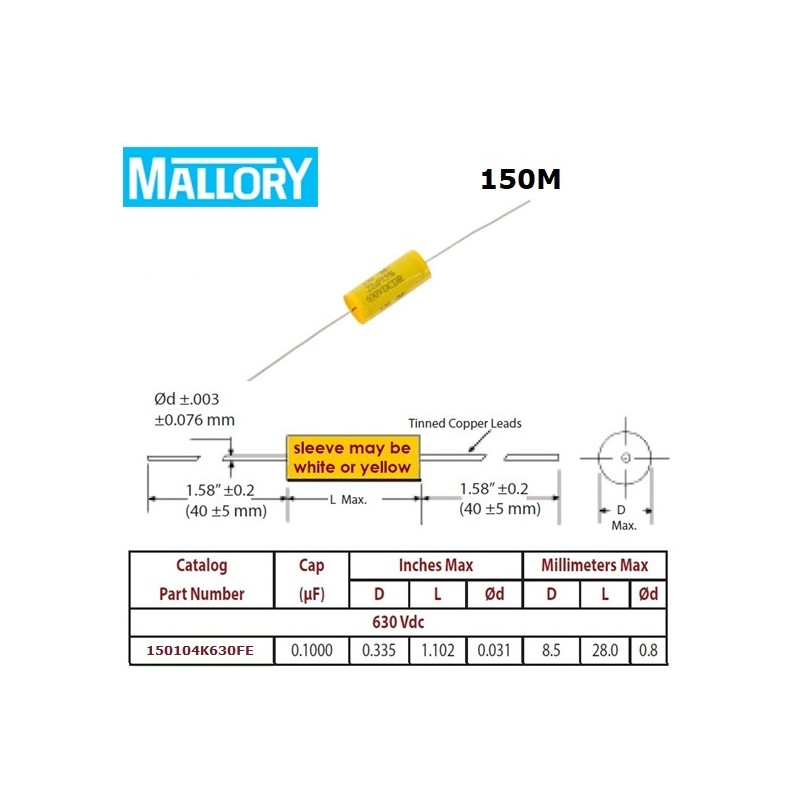 Mallory '150', 0,1uF/630V 10% axial polyester capacitor 150104K630FE