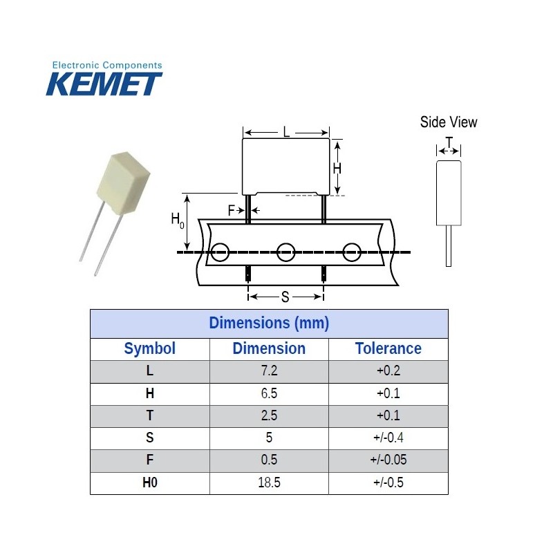 Kemet MKT 0,1uF/63V, condensatore in poliestere radiale (104), p: 5mm