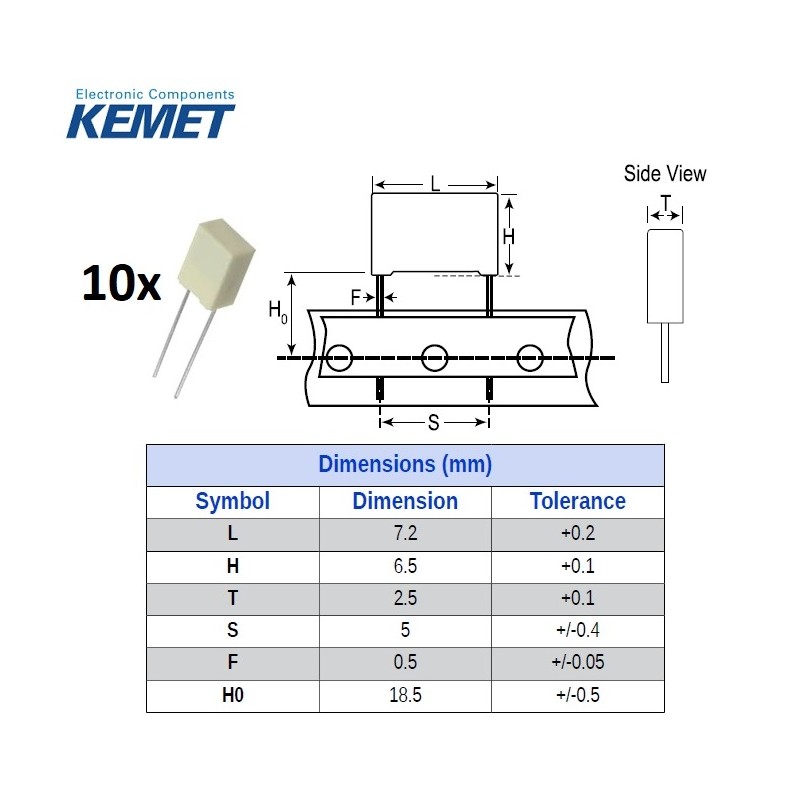 10x Kemet MKT 0,1uF/63V, condensatore in poliestere radiale (104), p: 5mm