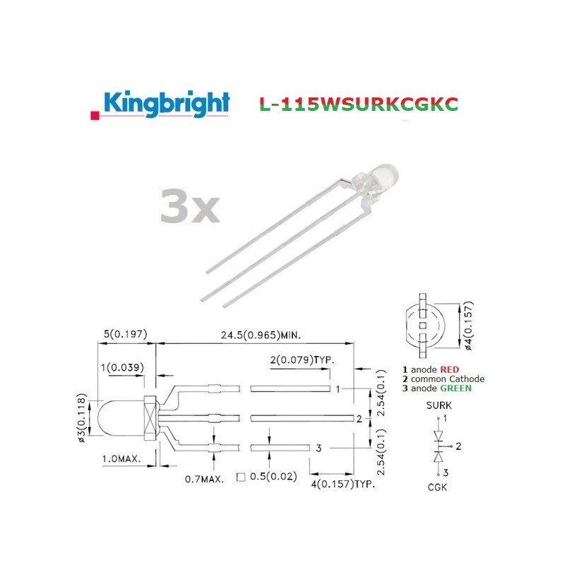 3x Kingbright L-115WSURKCGKC, transparent bicolor RED/GREEN 3mm LED