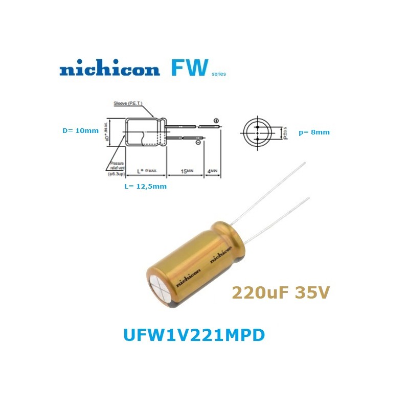 Nichicon FW 220uF 35V, condensatore elettrolitico radiale, UFW1V221MPD