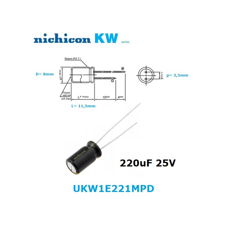 Nichicon KW 220uF 25V, condensatore elettrolitico radiale, UKW1E221MPD