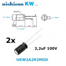 2x Nichicon KW 2,2uF 100V, condensatore elettrolitico radiale, UKW2A2R2MDD