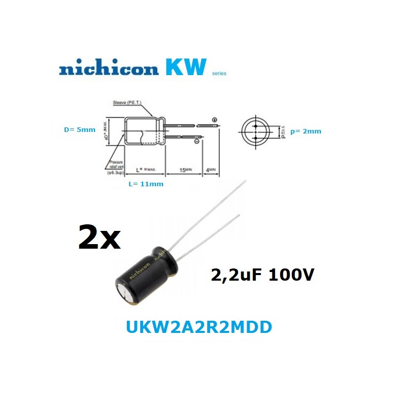 2x Nichicon KW 2,2uF 100V, condensatore elettrolitico radiale, UKW2A2R2MDD