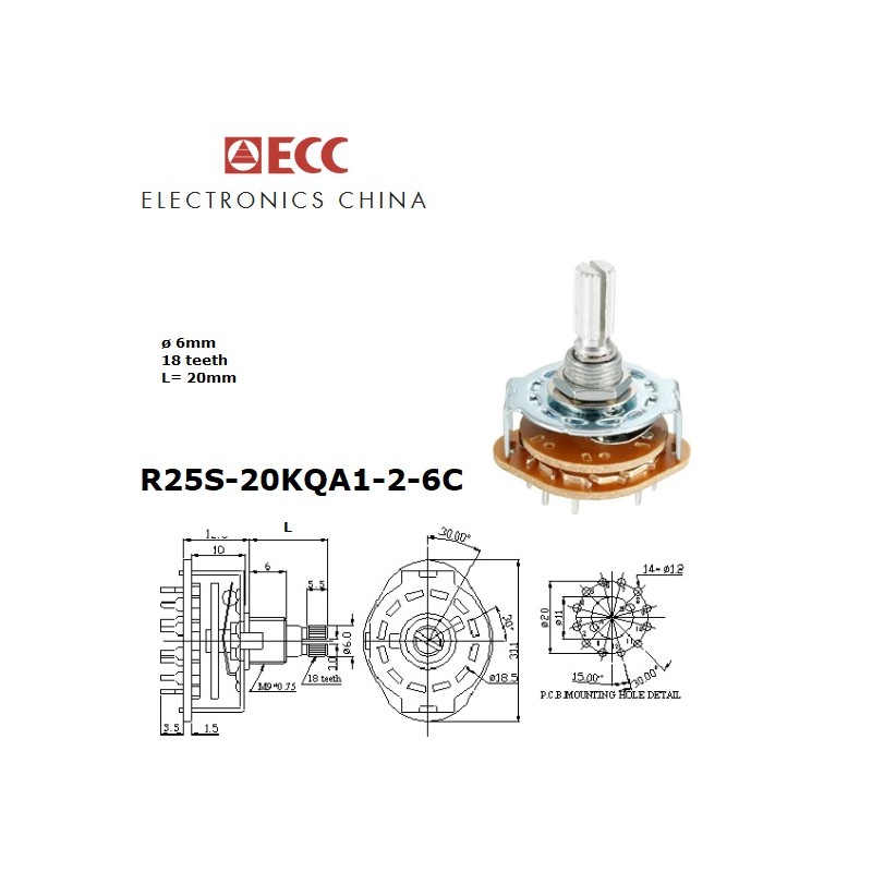 ECC commutatore rotativo 2 vie 6 posizioni M9, switching, d: 6mm,  R25S-20KQA1-2-6C