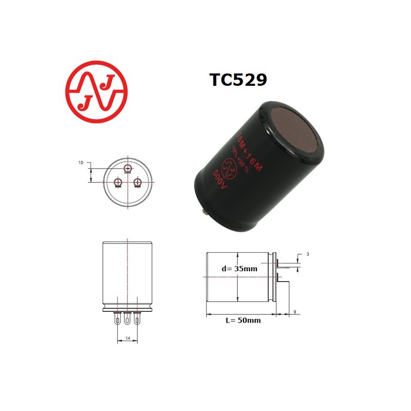 JJ Electronic 16+16uF/500V, condensatore elettrolitico doppio, pin a  saldare, 35x50mm