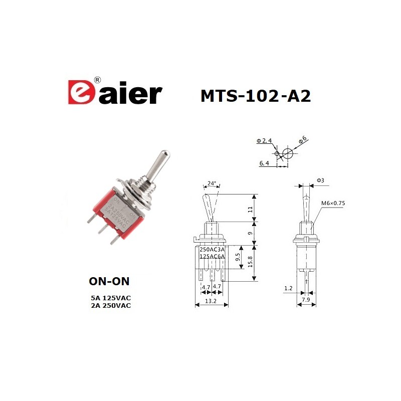 Daier MTS-102-A2 interruttore miniatura ON-ON a levetta, pin da PCB