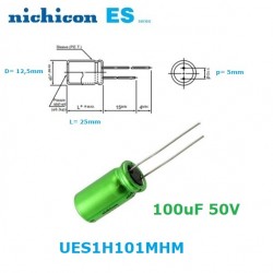 Nichicon Muse ES 100uF 50V, bipolar electrolytic capacitor, UES1H101MHM