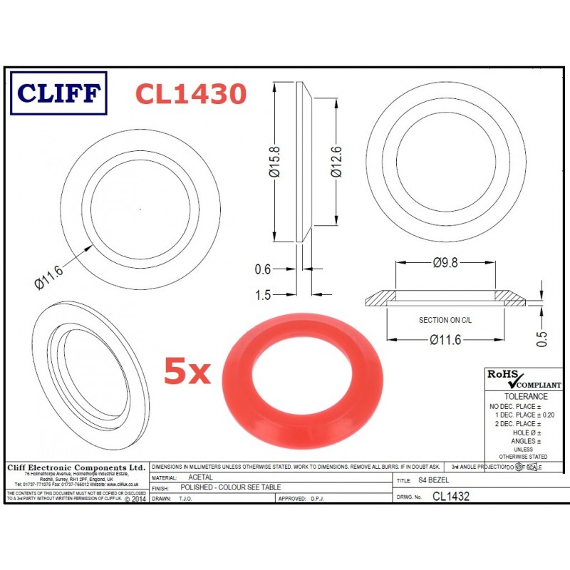 5x Cliff CL1430, rondella in plastica ROSSA per jack SCJ644 (BJ101, BJ124, BJ125)